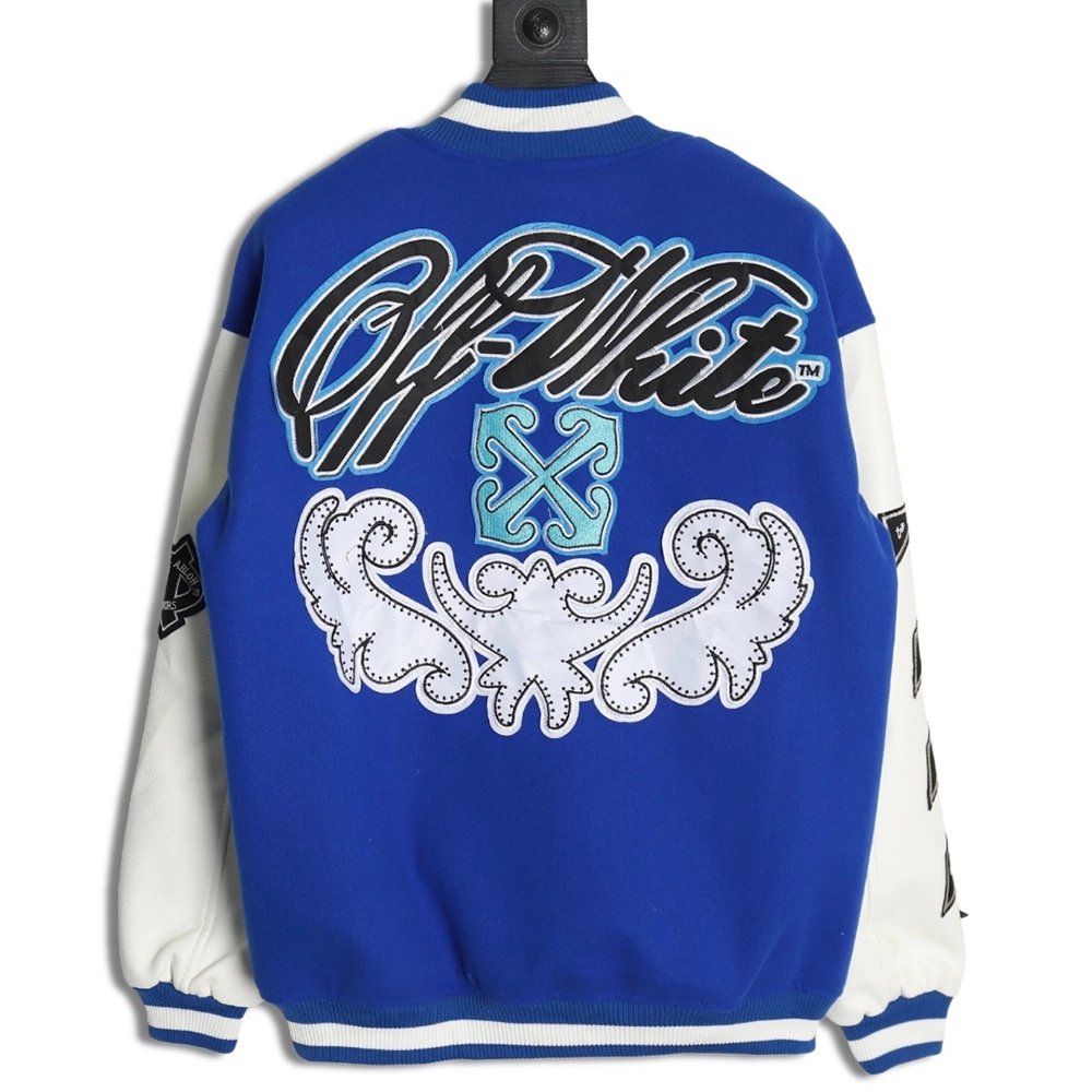 Off-White blue and white patchwork baseball jacket,Off White