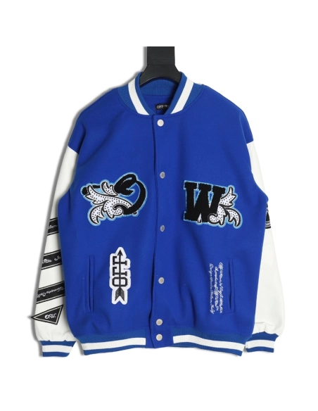 Off-White blue and white patchwork baseball jacket,Off White