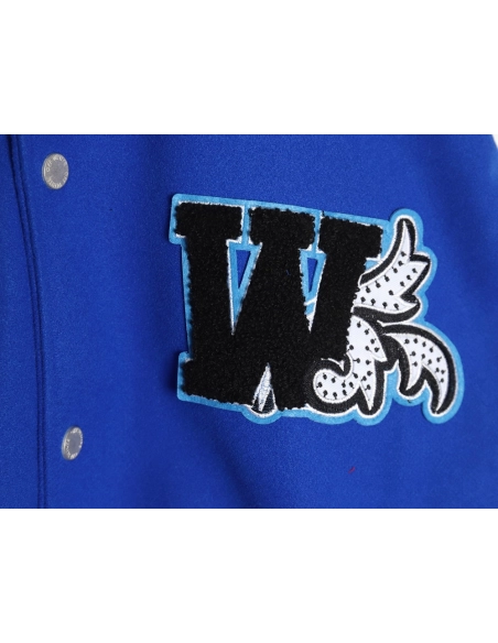 Off-White blue and white patchwork baseball jacket,Off White