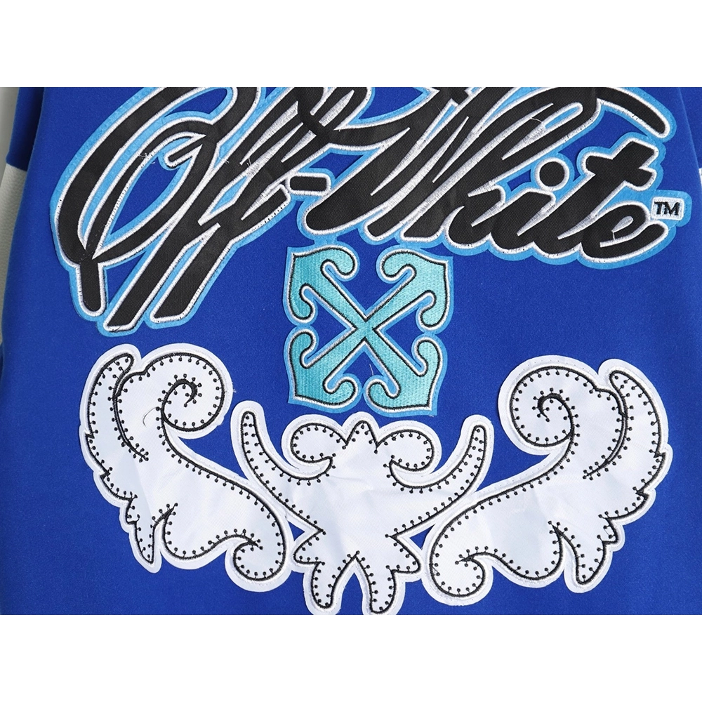 Off-White blue and white patchwork baseball jacket,Off White