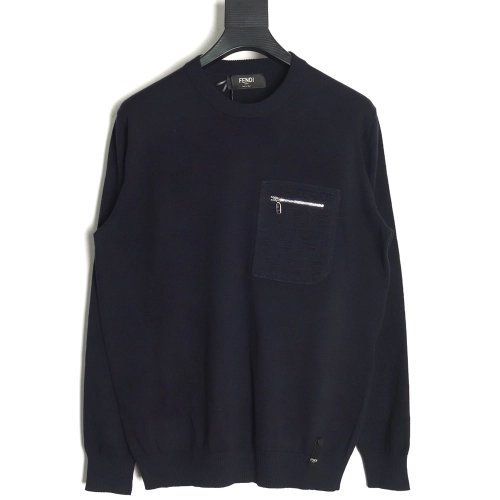 Fendi Embossed Pocket Navy Crew Neck Sweater,Fendi