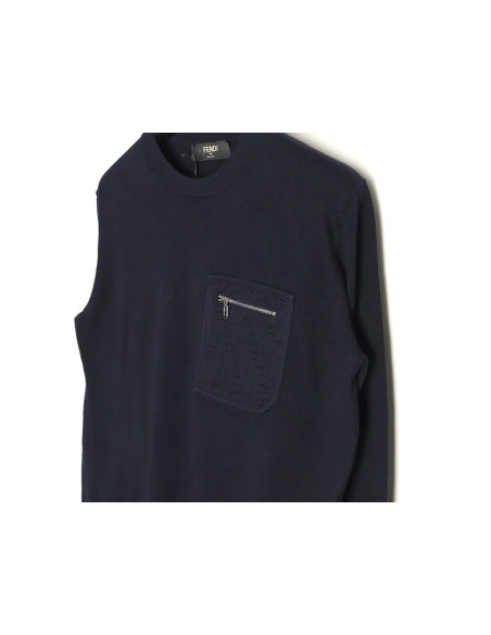 Fendi Embossed Pocket Navy Crew Neck Sweater,Fendi