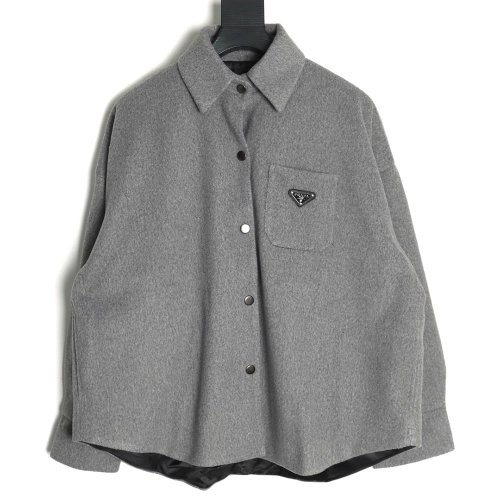 Prada Cashmere Triangle Logo Shirt Jacket,Prada