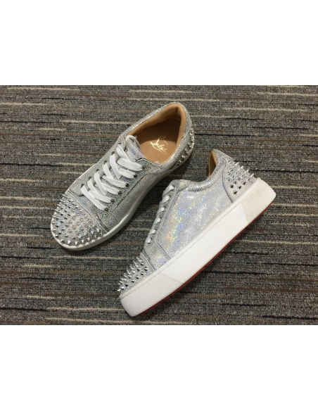 Discount Christian Louboutin Vieirissima 2 Orlato Flat Glitter Sneakers Silver Outlet