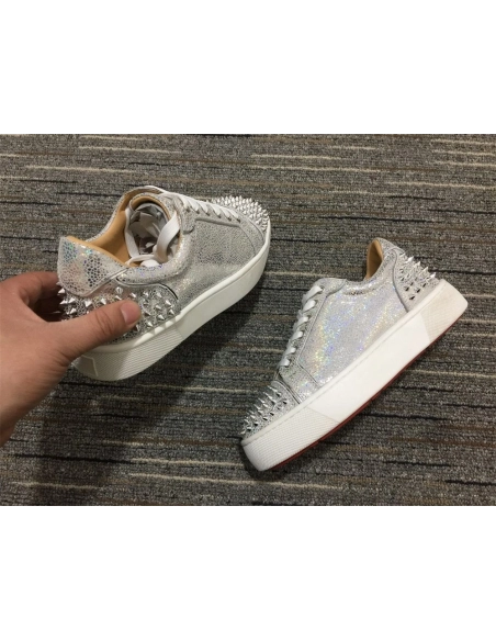 Discount Christian Louboutin Vieirissima 2 Orlato Flat Glitter Sneakers Silver Outlet