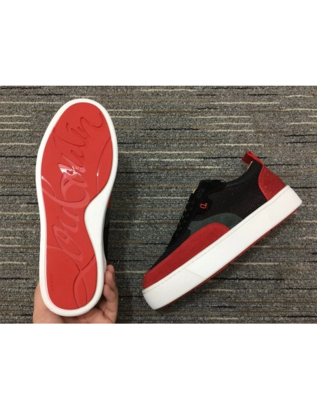 Replica Christian Louboutin Happyrui Sneakers Leather and Fabric Black Red