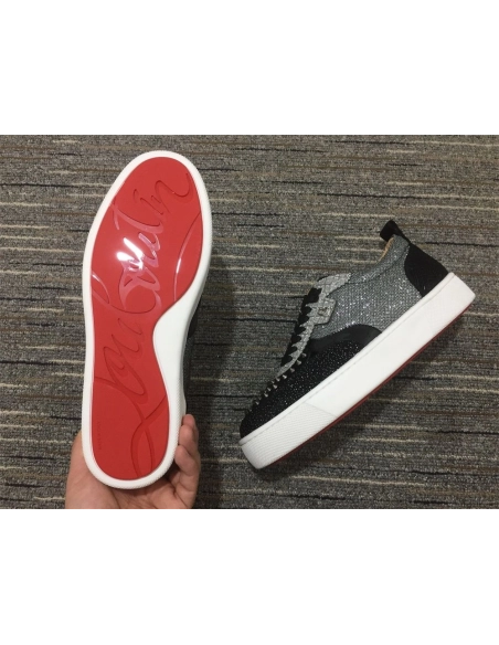Cheap Christian Louboutin Happyrui Sneakers Glitter Leather and Strass Black Silver
