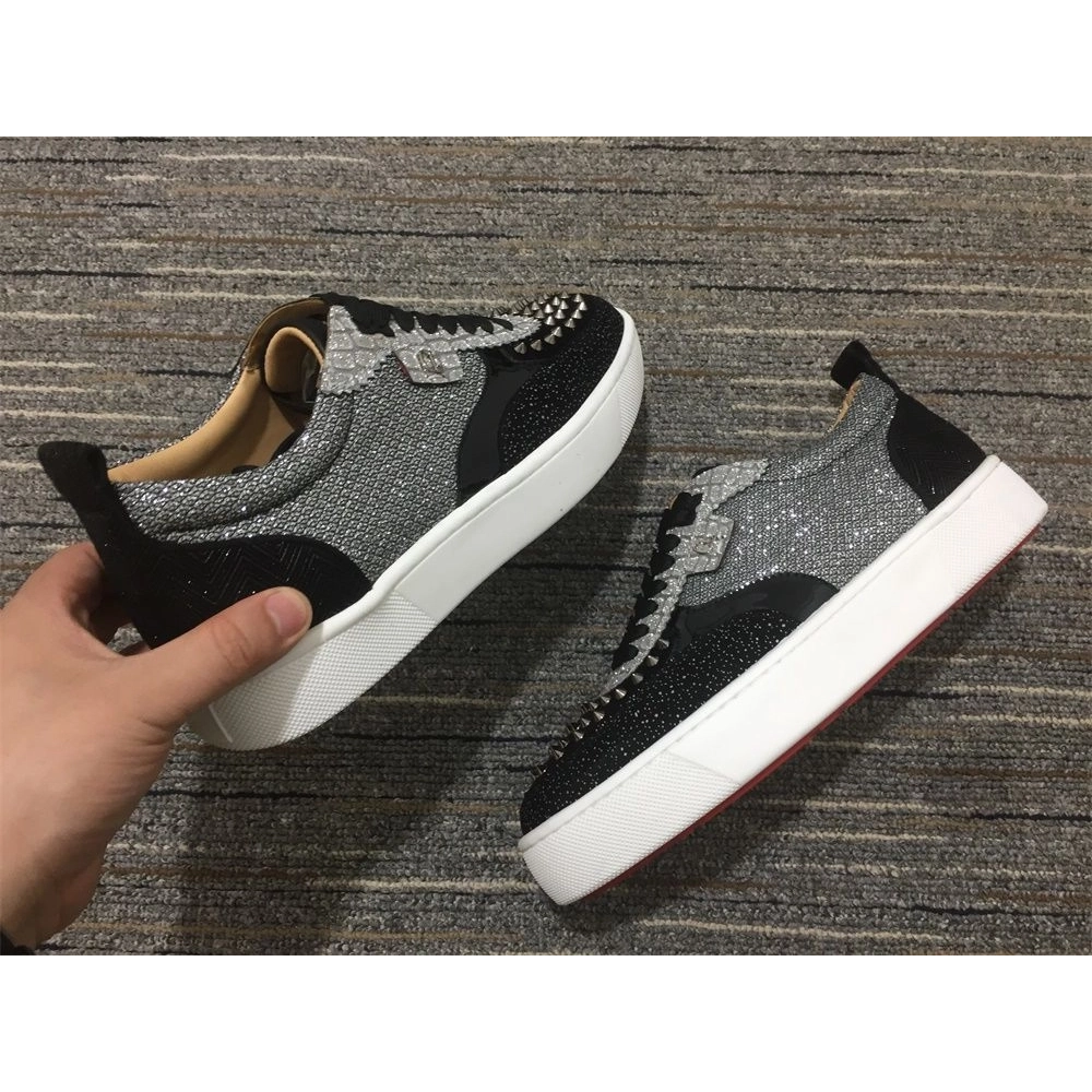 Cheap Christian Louboutin Happyrui Sneakers Glitter Leather and Strass Black Silver