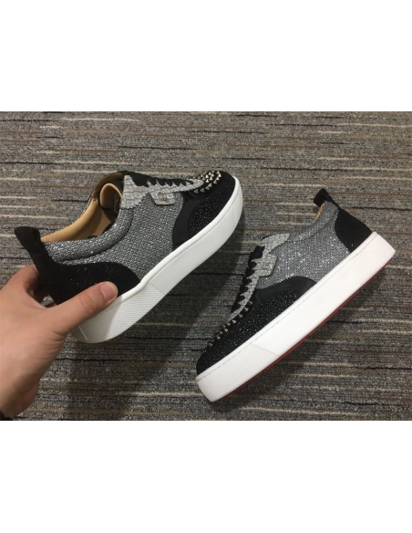 Cheap Christian Louboutin Happyrui Sneakers Glitter Leather and Strass Black Silver