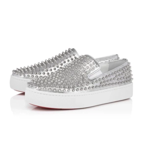 Discount Christian Louboutin Spikeboat Sneaker Leather Silver Outlet Online, Cheap CL Shoes
