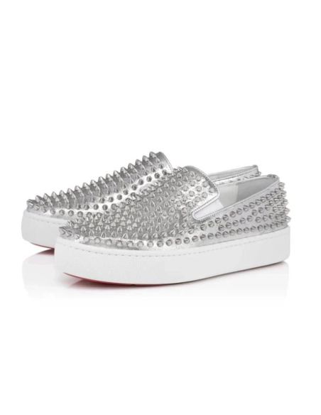 Discount Christian Louboutin Spikeboat Sneaker Leather Silver Outlet Online, Cheap CL Shoes