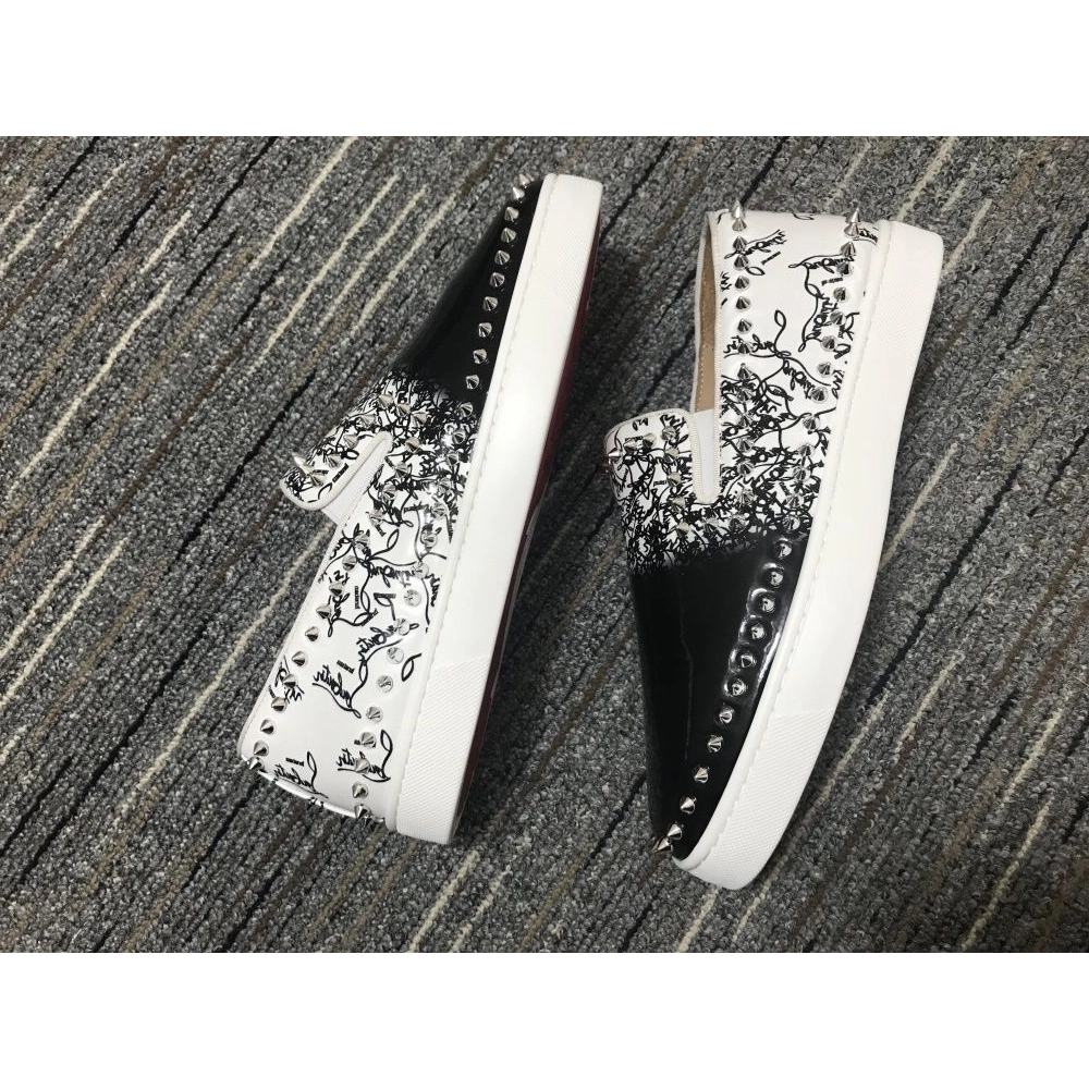 Fake Christian Louboutin Pik Boat Spikes Slip-on Sneakers Patent Leather Black White