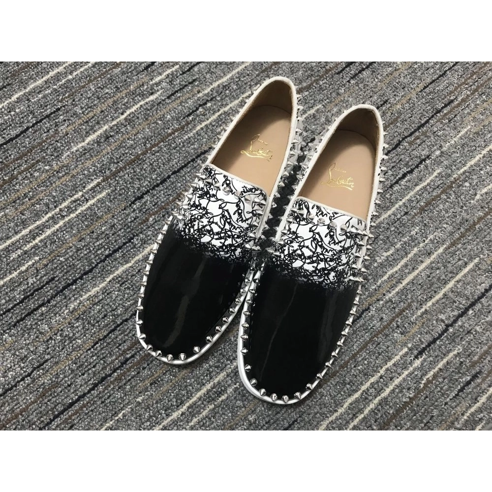 Fake Christian Louboutin Pik Boat Spikes Slip-on Sneakers Patent Leather Black White