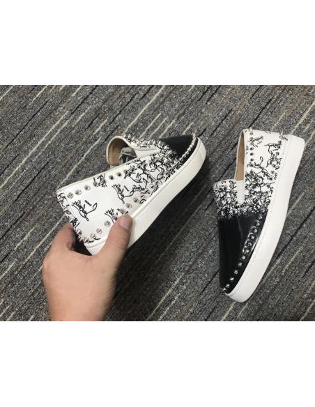 Fake Christian Louboutin Pik Boat Spikes Slip-on Sneakers Patent Leather Black White