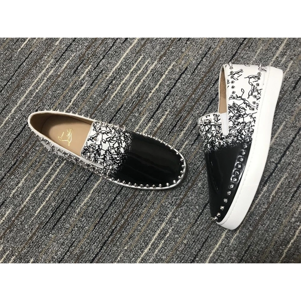 Fake Christian Louboutin Pik Boat Spikes Slip-on Sneakers Patent Leather Black White