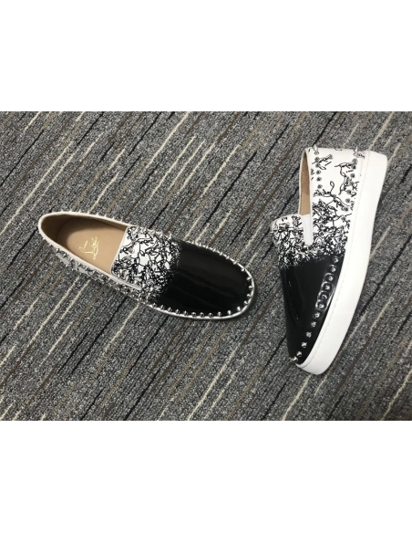 Fake Christian Louboutin Pik Boat Spikes Slip-on Sneakers Patent Leather Black White
