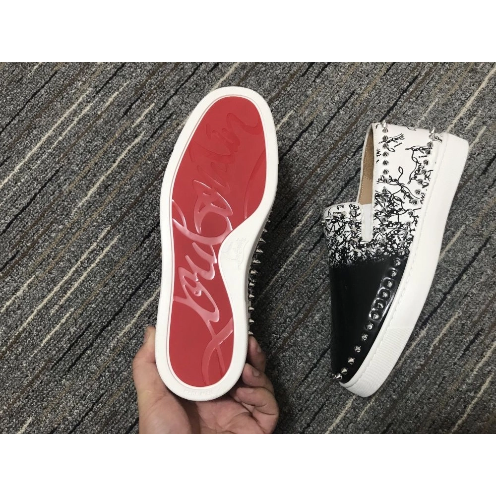 Fake Christian Louboutin Pik Boat Spikes Slip-on Sneakers Patent Leather Black White