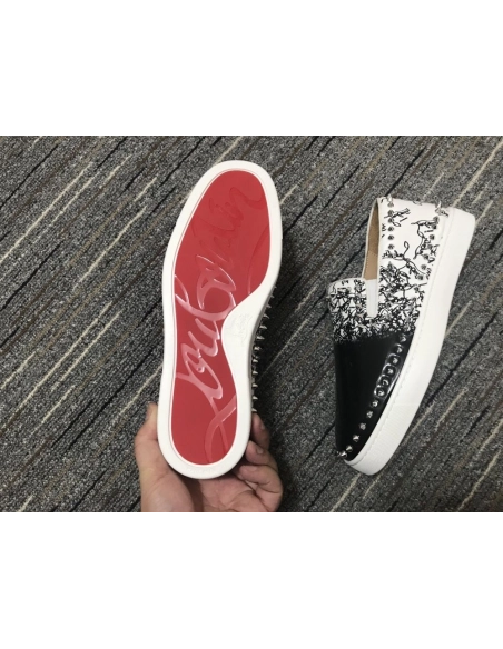 Fake Christian Louboutin Pik Boat Spikes Slip-on Sneakers Patent Leather Black White