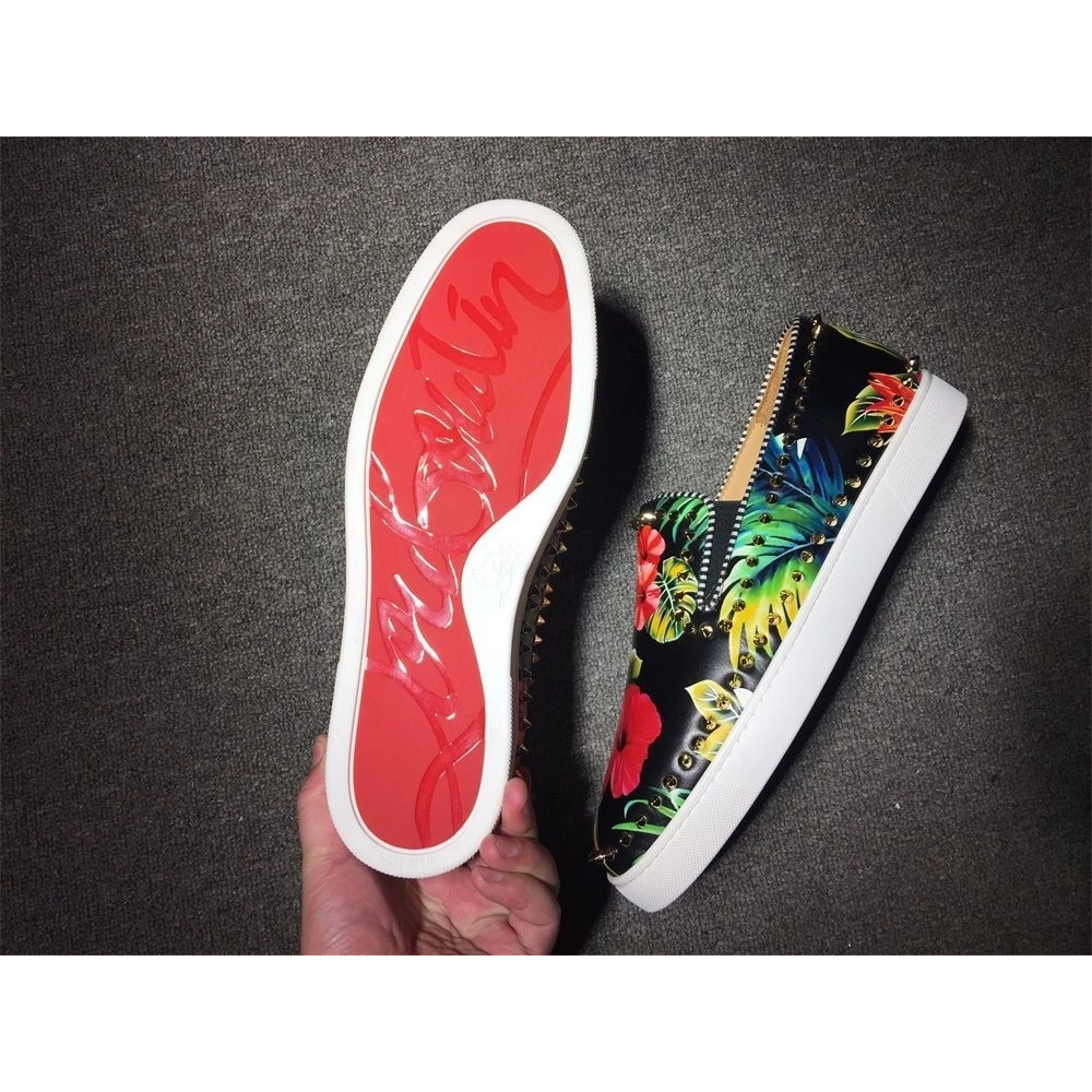 Knockoff Christian Louboutin Pik Boat Spikes Slip-on Sneakers Floral-Print Calf Leather Multi