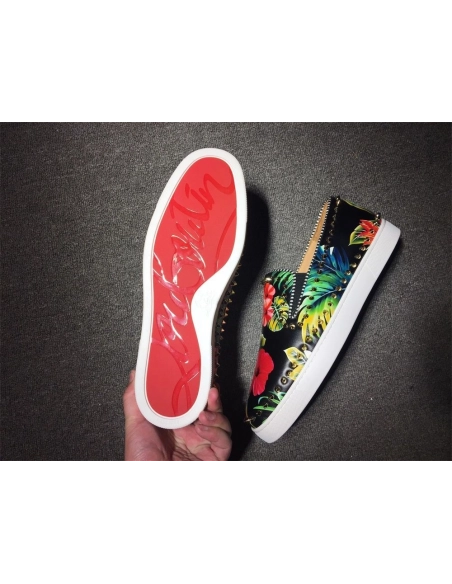 Knockoff Christian Louboutin Pik Boat Spikes Slip-on Sneakers Floral-Print Calf Leather Multi