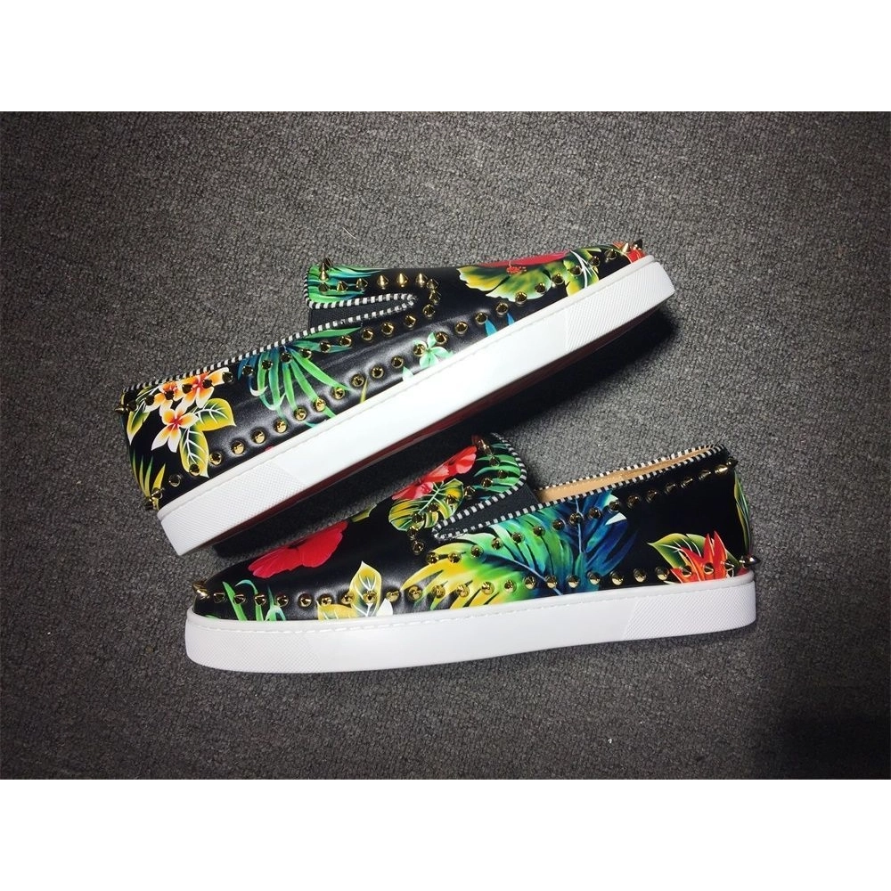 Knockoff Christian Louboutin Pik Boat Spikes Slip-on Sneakers Floral-Print Calf Leather Multi