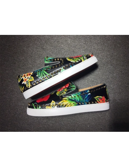 Knockoff Christian Louboutin Pik Boat Spikes Slip-on Sneakers Floral-Print Calf Leather Multi
