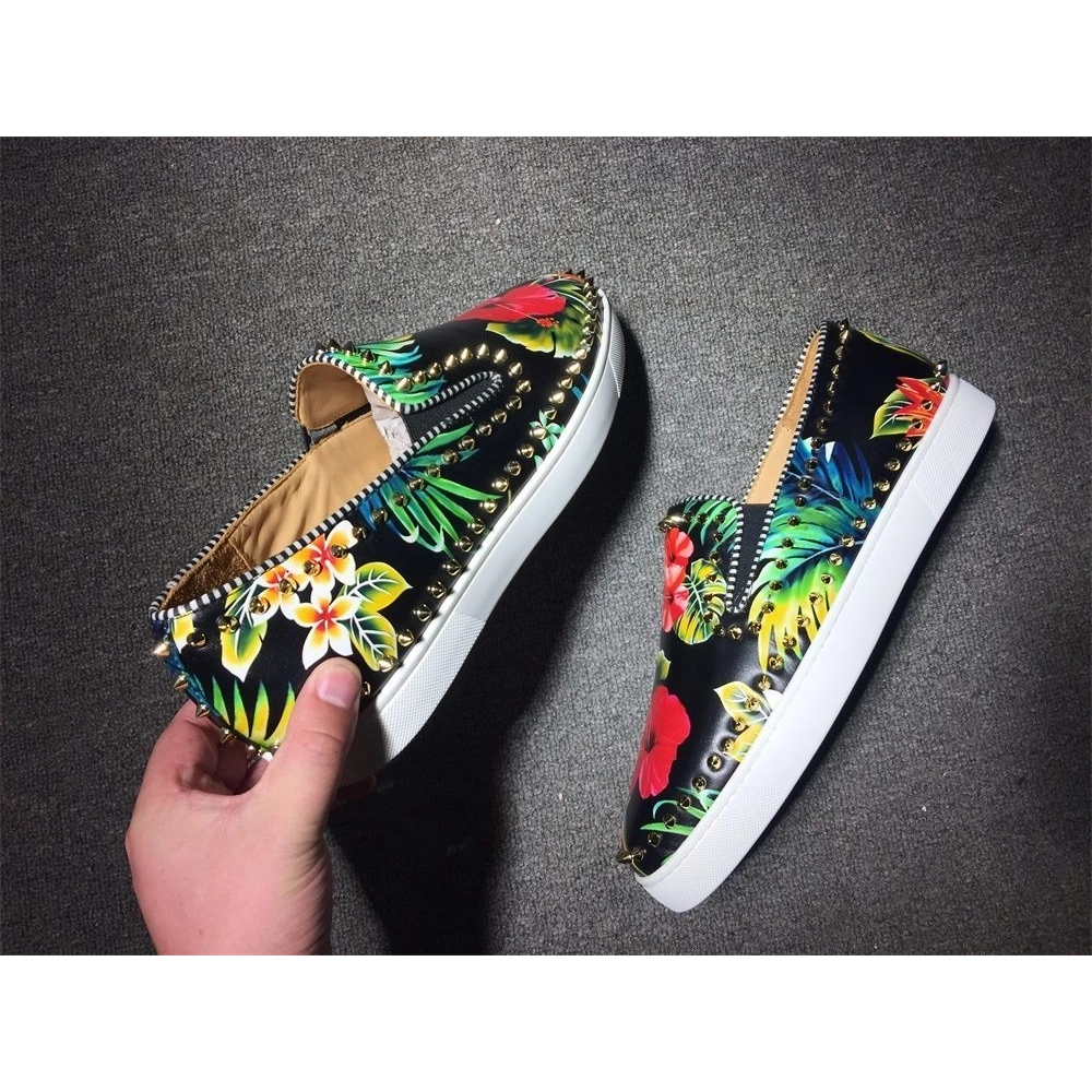 Knockoff Christian Louboutin Pik Boat Spikes Slip-on Sneakers Floral-Print Calf Leather Multi