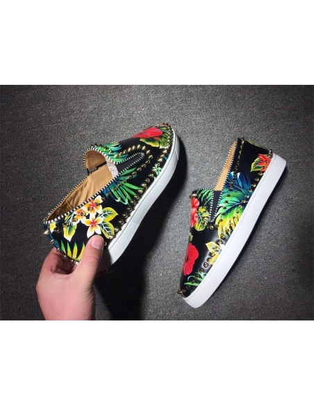 Knockoff Christian Louboutin Pik Boat Spikes Slip-on Sneakers Floral-Print Calf Leather Multi