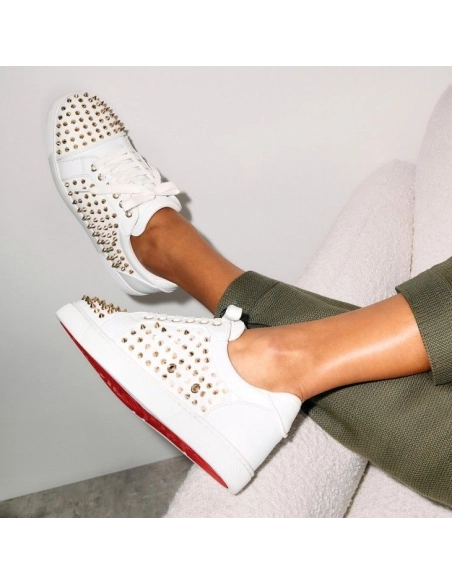 Discount Christian Louboutin Vieira Night Spikes Sneakers Men Calf and Nappa Leather White Outlet