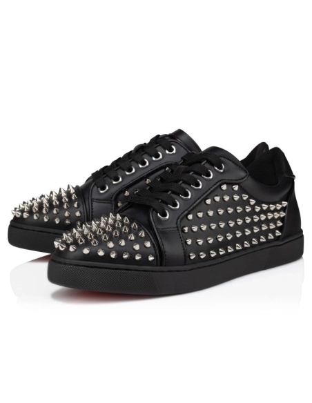 Cheap Christian Louboutin Vieira Night Spikes Sneakers Men Calf and Nappa Leather Black for Sale