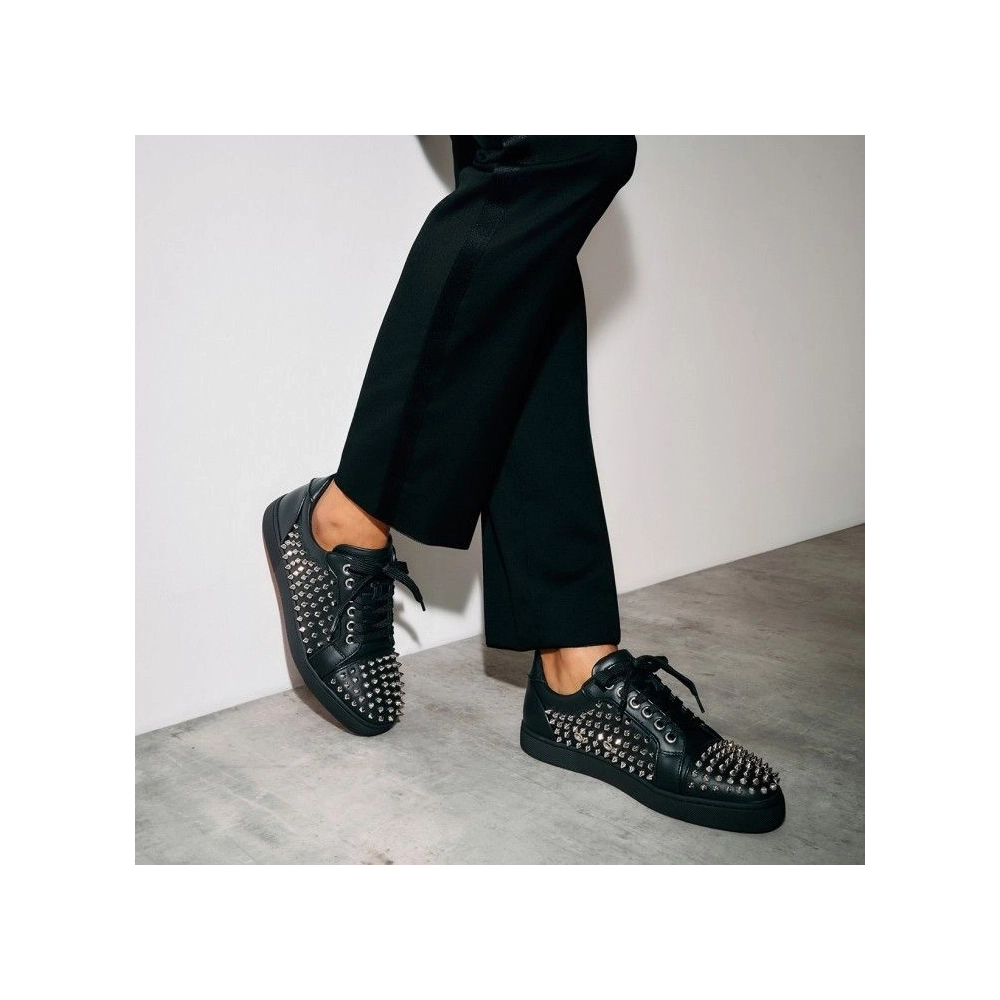 Cheap Christian Louboutin Vieira Night Spikes Sneakers Men Calf and Nappa Leather Black for Sale