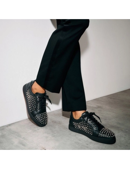 Cheap Christian Louboutin Vieira Night Spikes Sneakers Men Calf and Nappa Leather Black for Sale