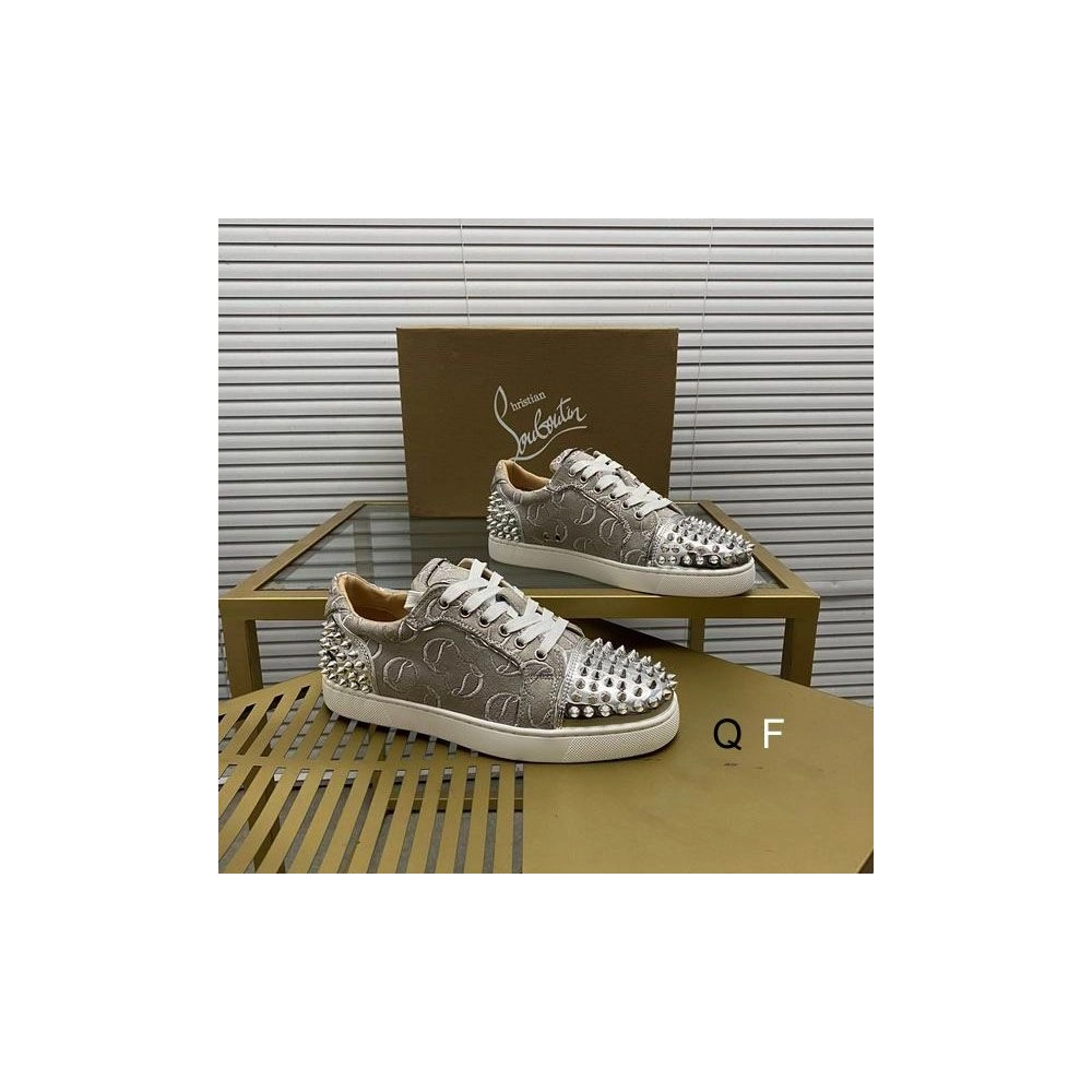 Cheap Christian Louboutin Vieira 2 Flat Spikes Sneakers Monogram-jacquard Metallic Silver for Sale