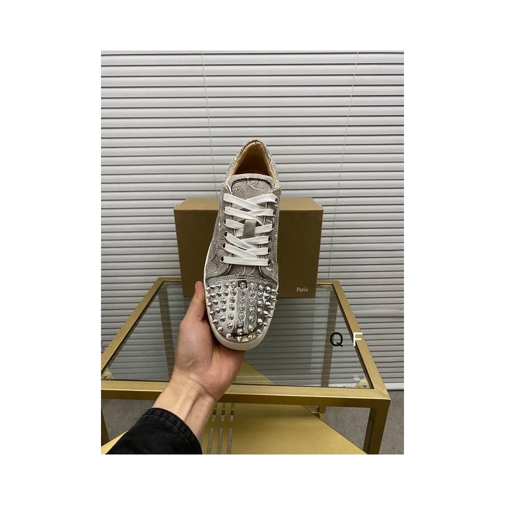 Cheap Christian Louboutin Vieira 2 Flat Spikes Sneakers Monogram-jacquard Metallic Silver for Sale