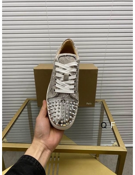 Cheap Christian Louboutin Vieira 2 Flat Spikes Sneakers Monogram-jacquard Metallic Silver for Sale