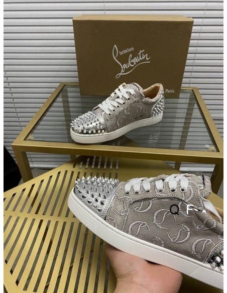 Cheap Christian Louboutin Vieira 2 Flat Spikes Sneakers Monogram-jacquard Metallic Silver for Sale