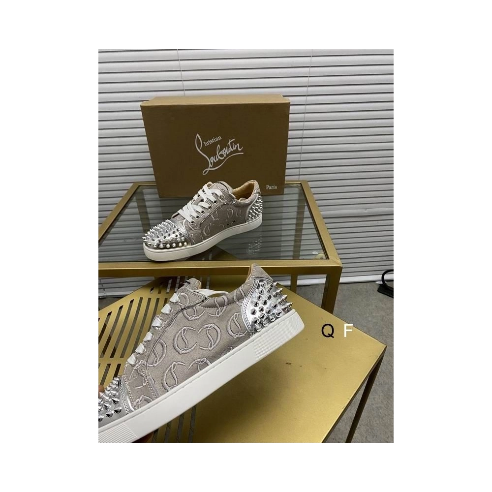 Cheap Christian Louboutin Vieira 2 Flat Spikes Sneakers Monogram-jacquard Metallic Silver for Sale