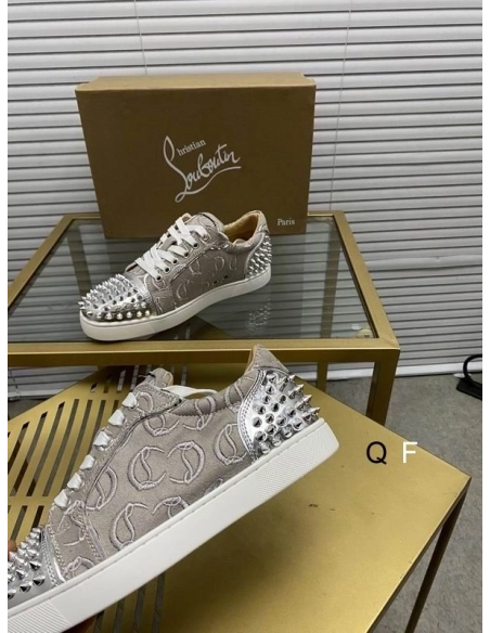 Cheap Christian Louboutin Vieira 2 Flat Spikes Sneakers Monogram-jacquard Metallic Silver for Sale