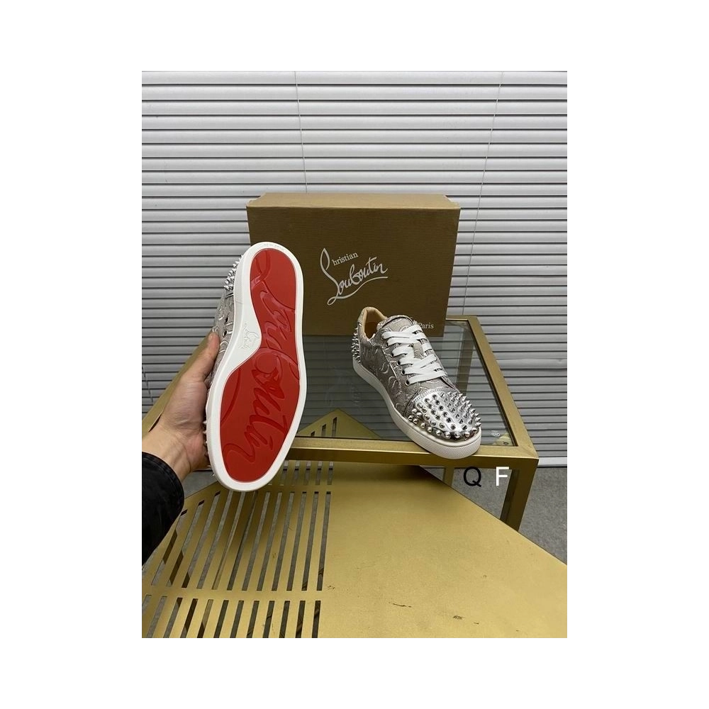 Cheap Christian Louboutin Vieira 2 Flat Spikes Sneakers Monogram-jacquard Metallic Silver for Sale