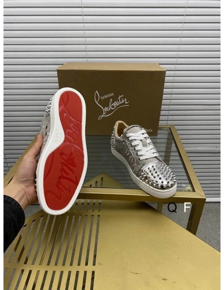Cheap Christian Louboutin Vieira 2 Flat Spikes Sneakers Monogram-jacquard Metallic Silver for Sale