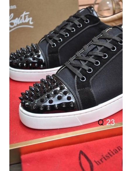 Fake Christian Louboutin Vieira 2 Sneakers CL Monogram Patent Leather and Fabric Black Red