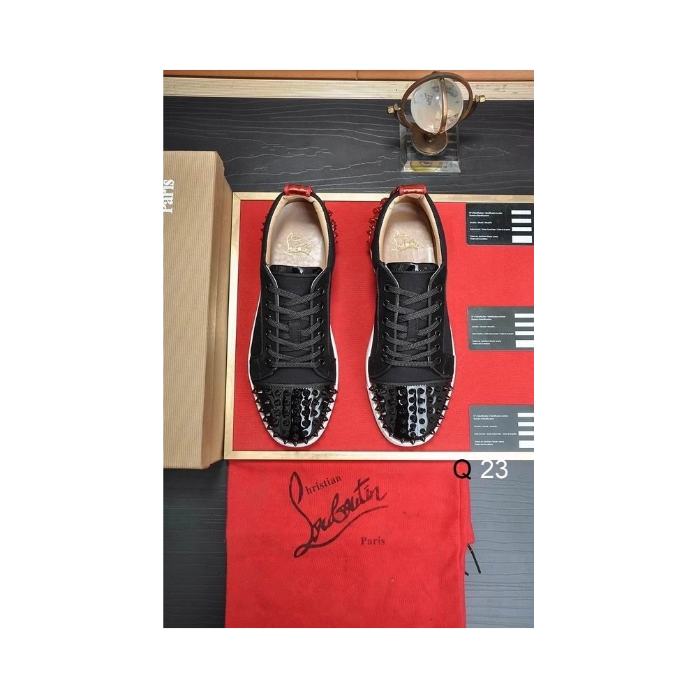 Fake Christian Louboutin Vieira 2 Sneakers CL Monogram Patent Leather and Fabric Black Red