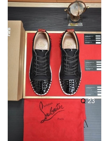 Fake Christian Louboutin Vieira 2 Sneakers CL Monogram Patent Leather and Fabric Black Red