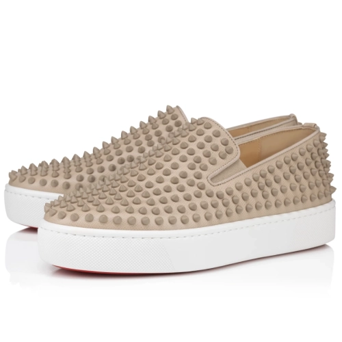Knockoff Christian Louboutin Spikeboat Sneaker Alpin Leather Beige, Replica CL Shoes