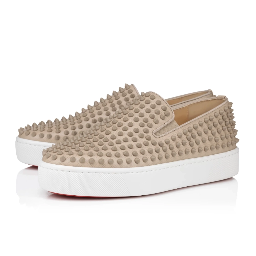Knockoff Christian Louboutin Spikeboat Sneaker Alpin Leather Beige, Replica CL Shoes