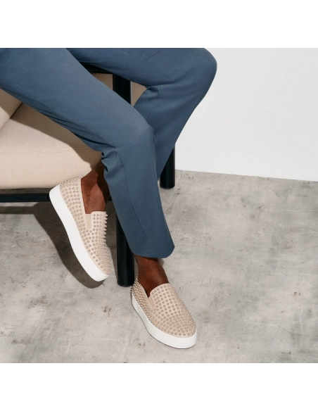 Knockoff Christian Louboutin Spikeboat Sneaker Alpin Leather Beige, Replica CL Shoes