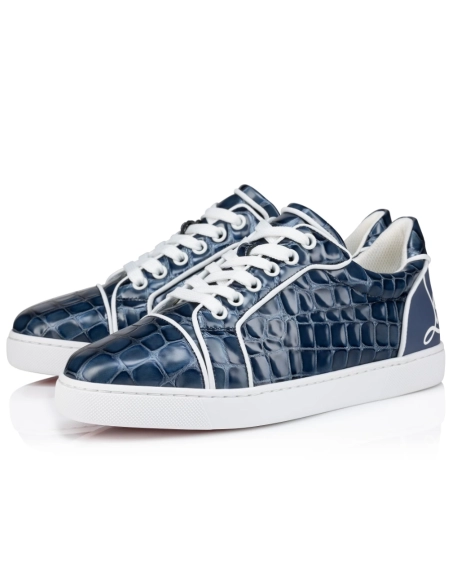 Replica Christian Louboutin Fun Vieira Sneakers Men Calf Leather With Alligator Embossing Blue