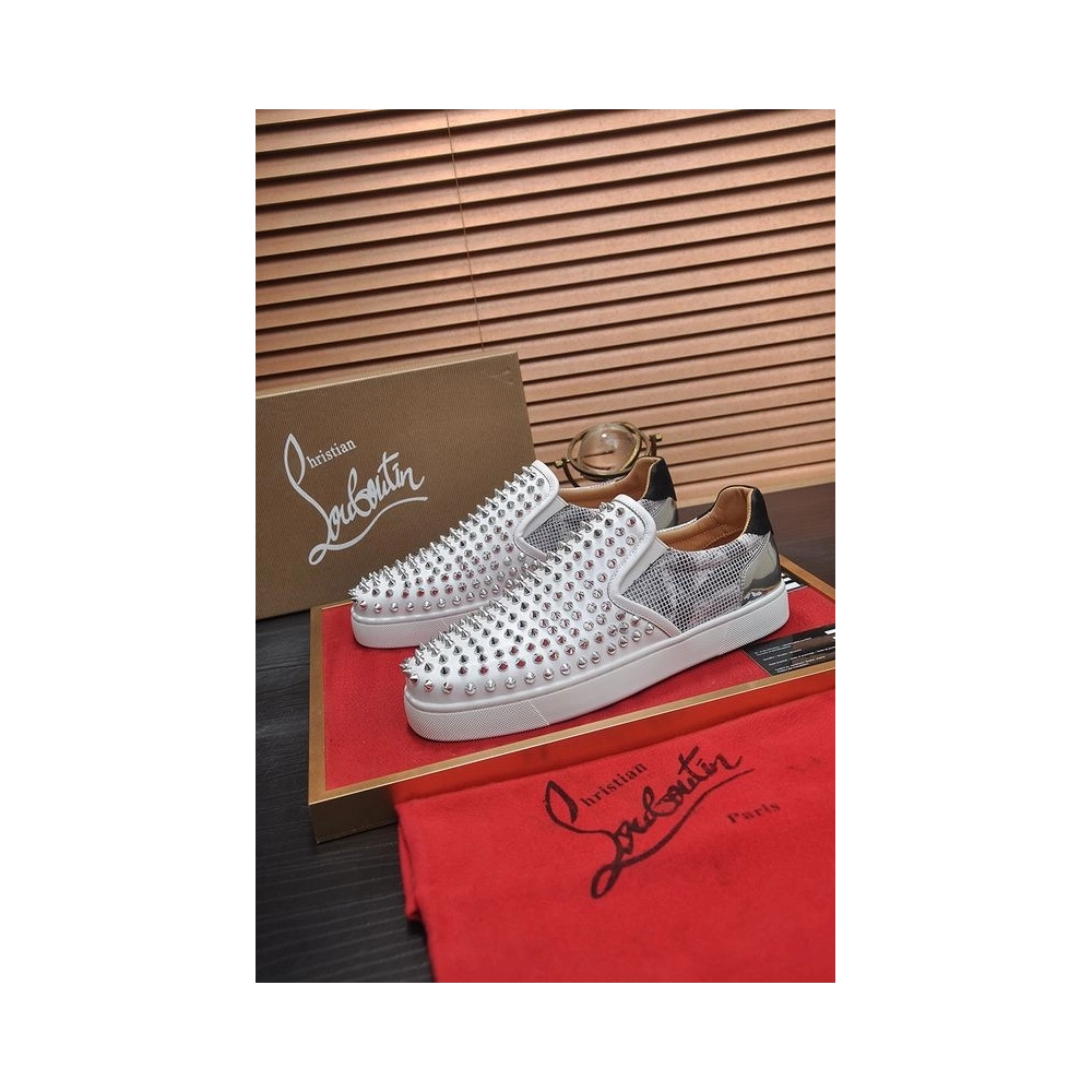 Cheap Christian Louboutin Sailor Boat Orlato Spikes Slip On Sneakers White Silver Sale Online