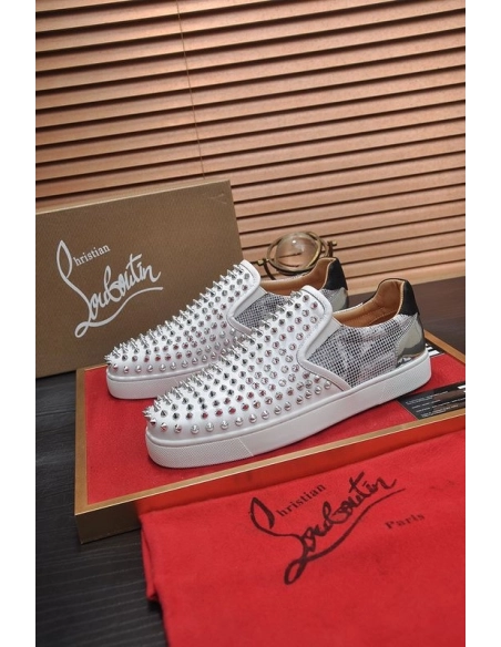 Cheap Christian Louboutin Sailor Boat Orlato Spikes Slip On Sneakers White Silver Sale Online