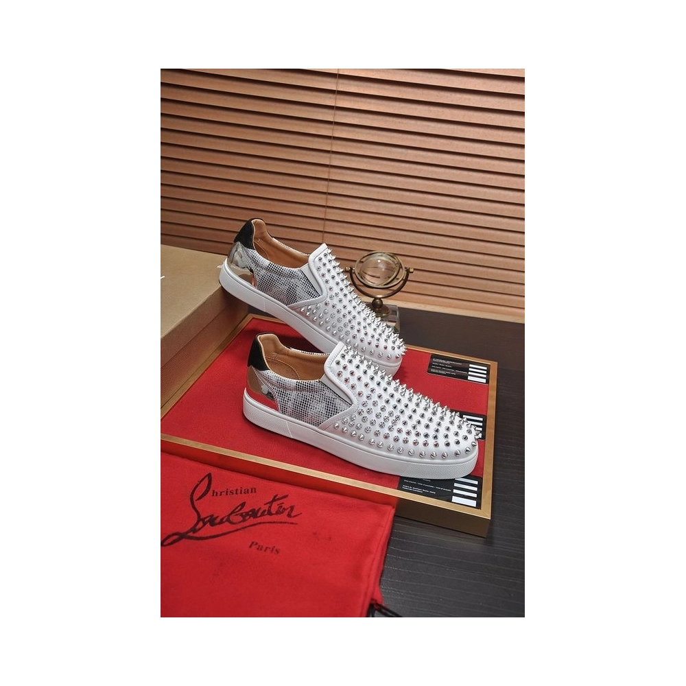 Cheap Christian Louboutin Sailor Boat Orlato Spikes Slip On Sneakers White Silver Sale Online